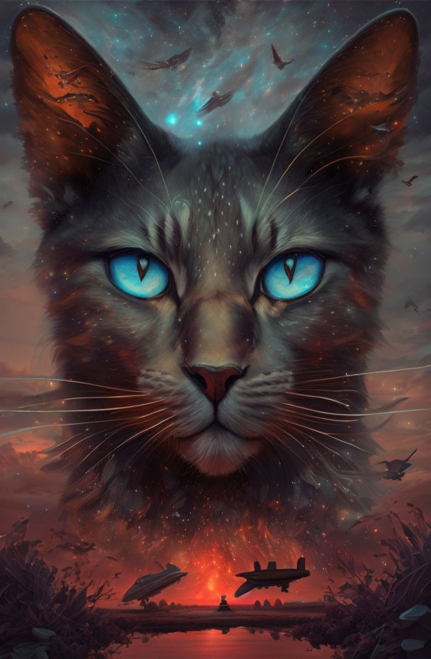 Giant cat's face with blue eyes over serene sunset landscape