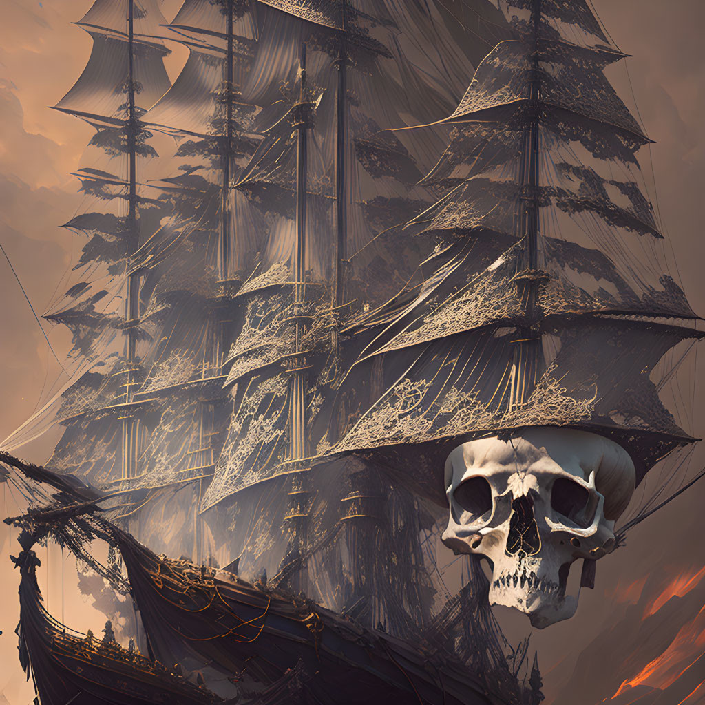 Pirate ship with skull figurehead and multiple sails on stormy sea