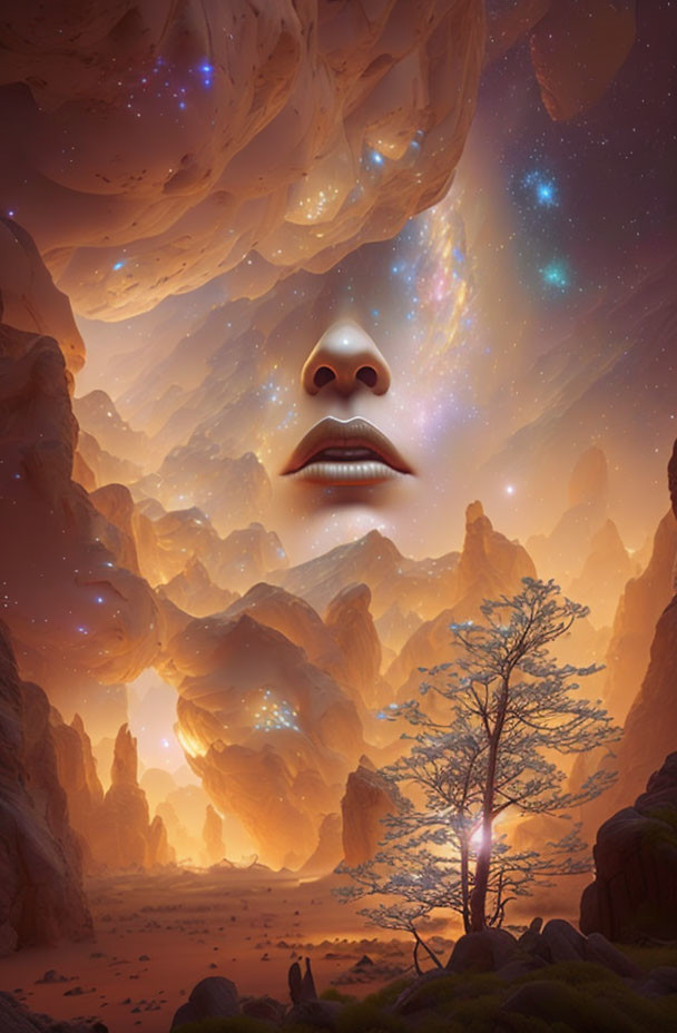 Surreal landscape with solitary tree and ethereal starry face