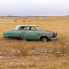 Rusty turquoise car in barren field with dry grass