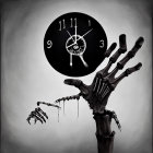 Surreal image of skeletal hand and ominous clock with gears