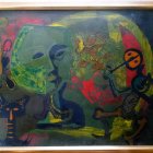 Surrealist painting: Mystical faces in colorful garden