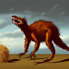 Large orange-furred creature with sharp teeth and claws in stormy sky setting.