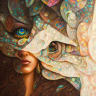 Colorful fantasy illustration of woman with butterfly wing mask.