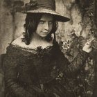Gothic portrait of girl in black dress with vial, mysterious hand in forest