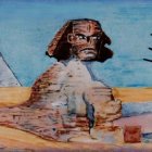 Colossal futuristic warrior statue in desert landscape with pyramids