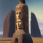 Monument with Three Golden-Adorned Faces in Desert Landscape