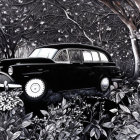 Vintage Black Car with Chrome Details in Lush Tropical Setting