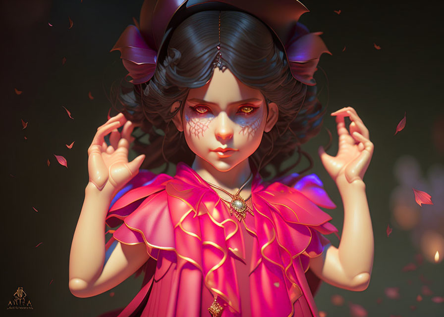 Fantasy-themed digital portrait with girl in pink ruffles and glowing surroundings