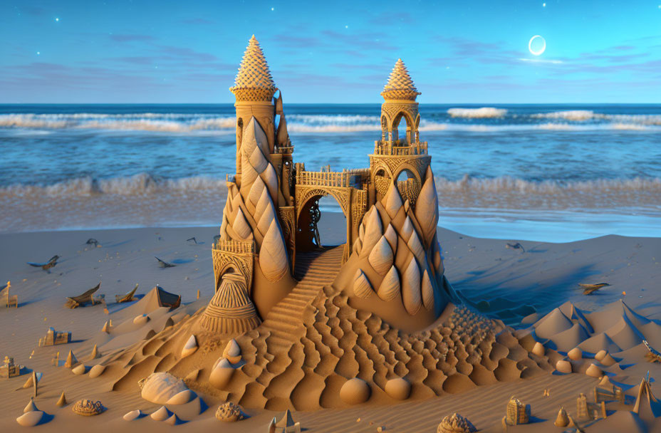 Intricately Carved Sandcastle on Beach at Dusk