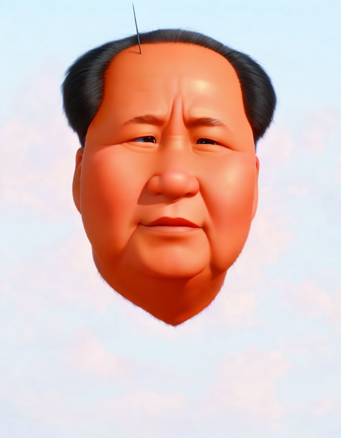 Stylized 3D illustration of man's head with black hair part against cloudy sky.