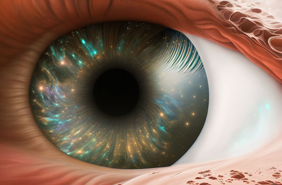 Human eye with cosmos-themed iris in surreal art piece.