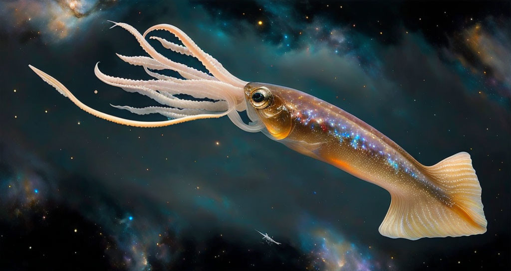 Surreal fish with squid-like tentacles in cosmic galaxy setting