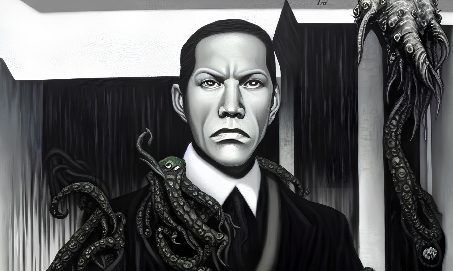 Monochromatic portrait of stern man with tentacles and creature