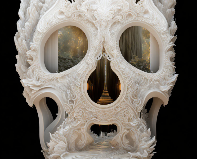 Intricate White Sculptural Mask with Forest Scene and Stairway