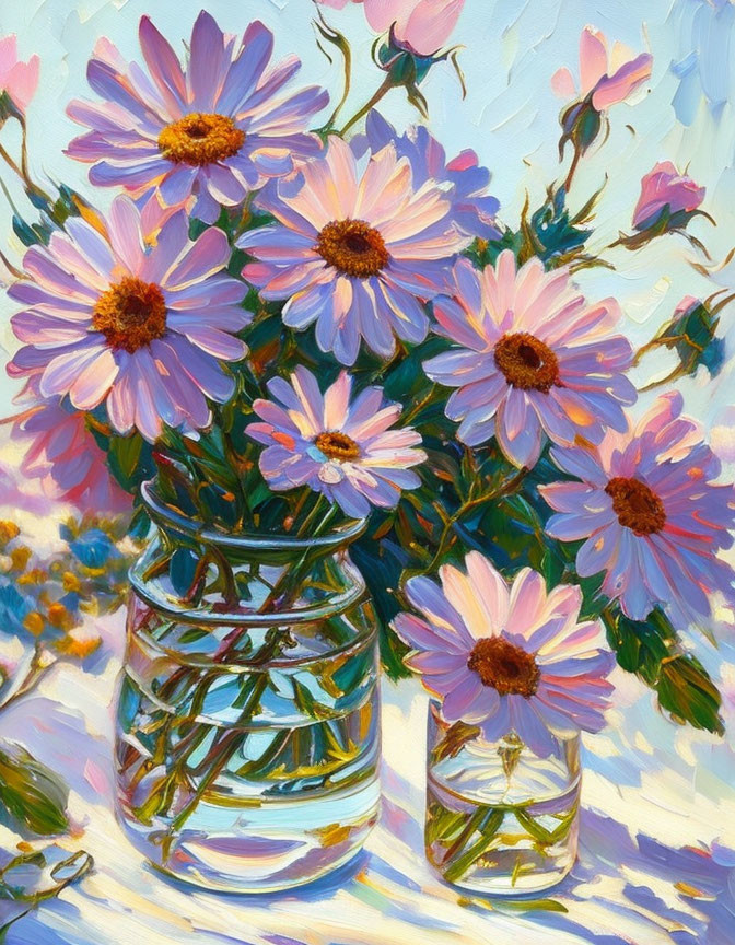 Colorful painting of pink daisies in glass jars on a soft blue and pink background