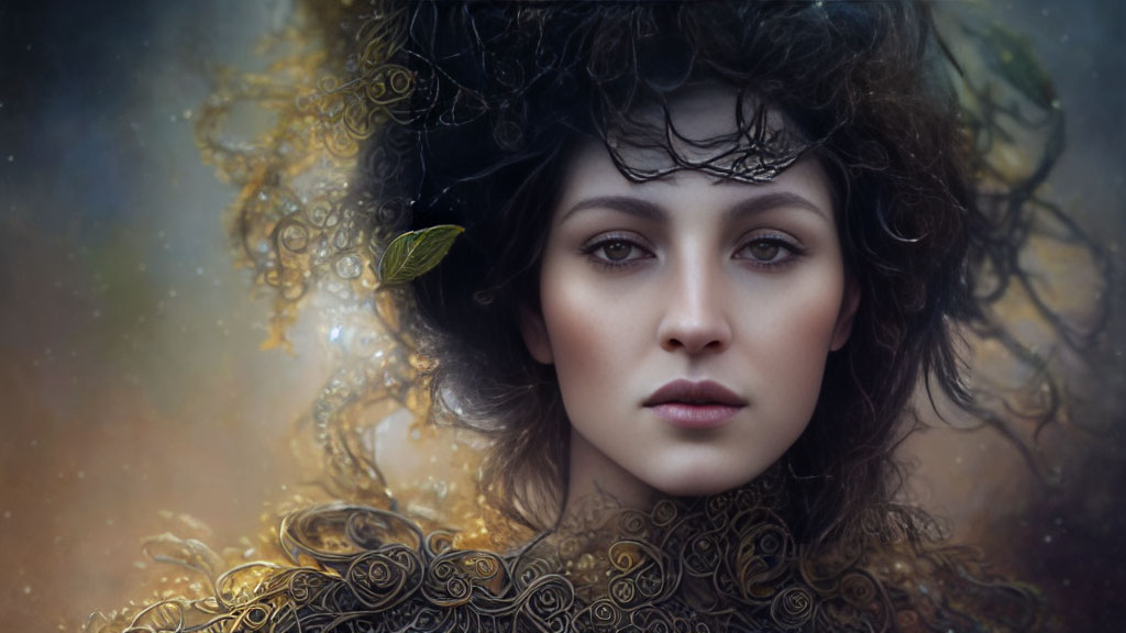 Portrait of woman with golden adornments and leafy hair against bokeh backdrop