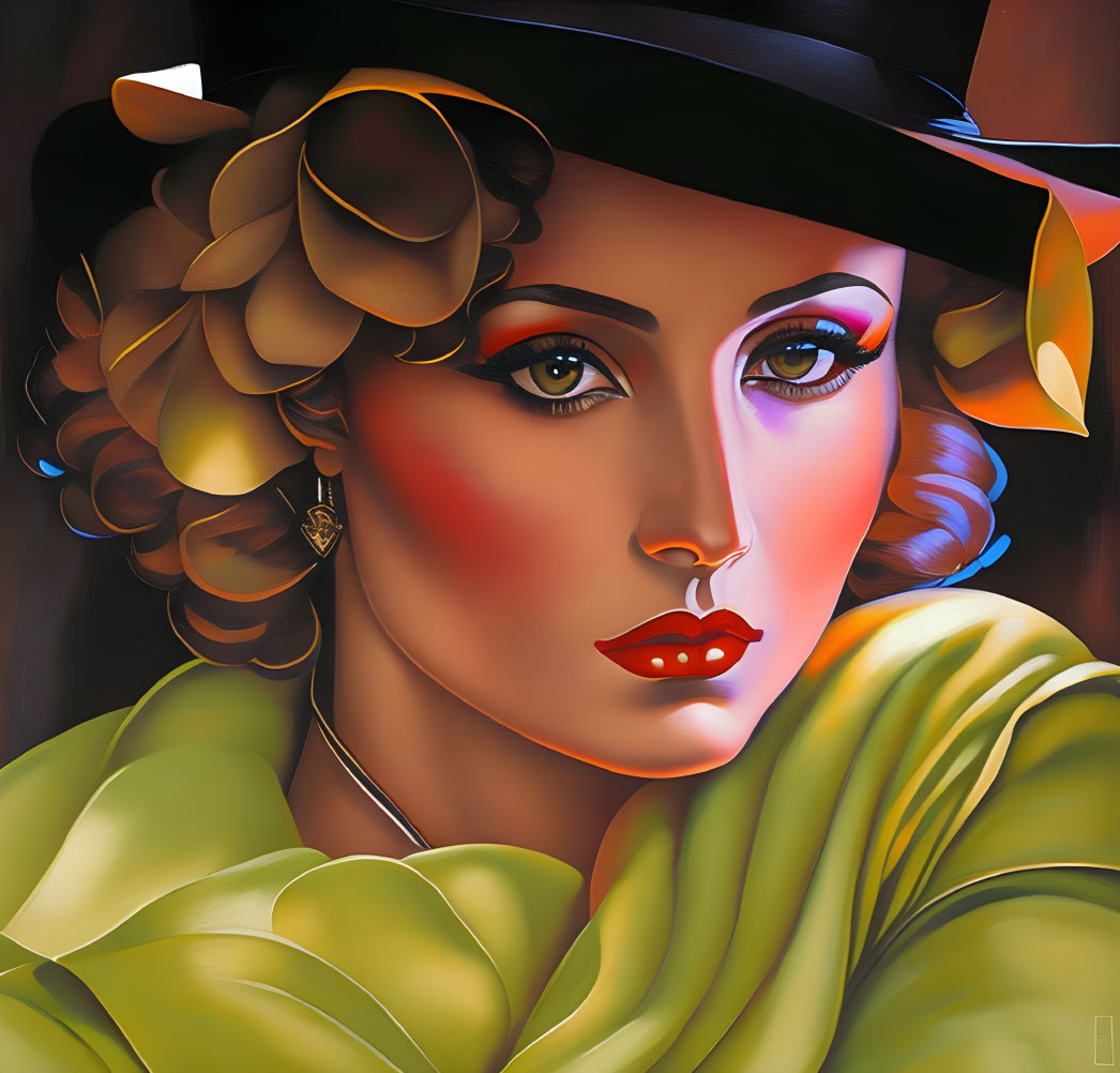 Woman portrait with black hat, red lipstick, green blouse in glossy art style