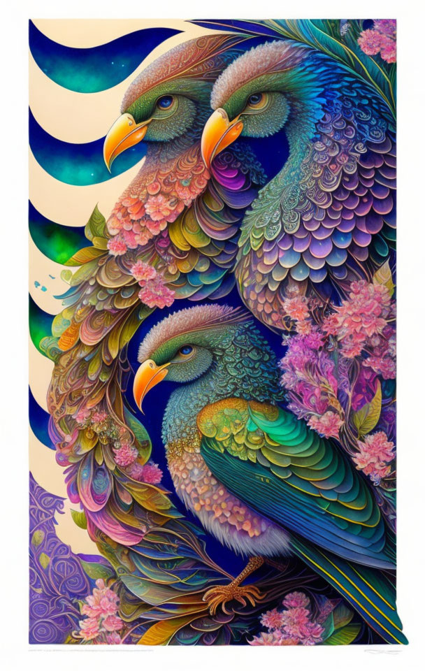 Vibrant artwork of two stylized birds with floral patterns and crescent moon.