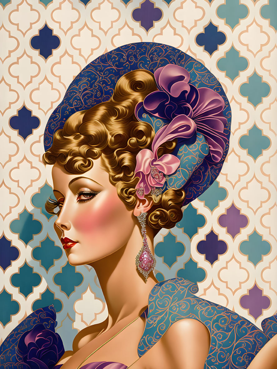 Vintage-style Art Deco illustration of a woman with floral hat and curls