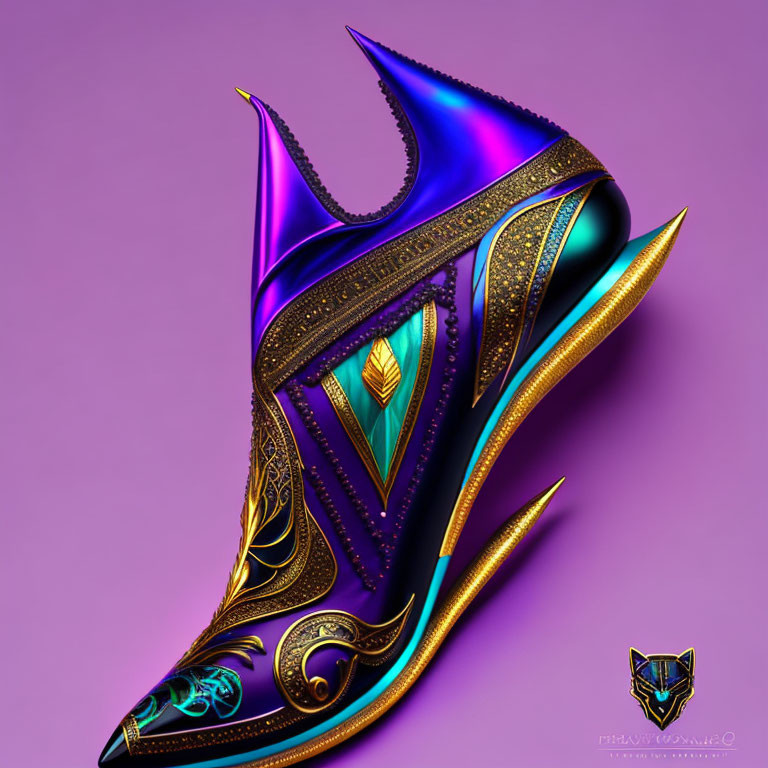 Fantastical High Heel Shoe with Gold and Blue Patterns on Purple Background