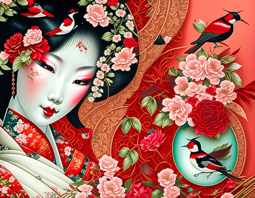 Vibrant geisha portrait with red flowers and birds on floral backdrop