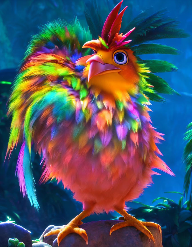 Multicolored animated bird with orange feathers on blue background