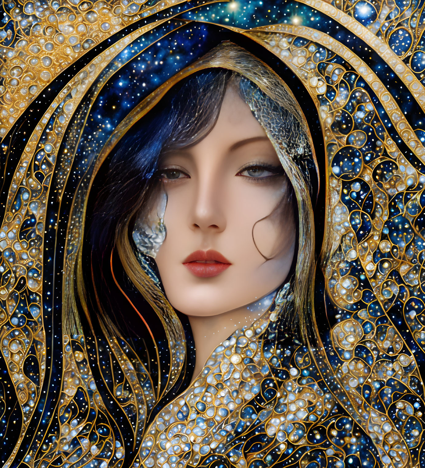 Digital portrait: Woman with black hair and fair skin in gold and blue Art Nouveau frame