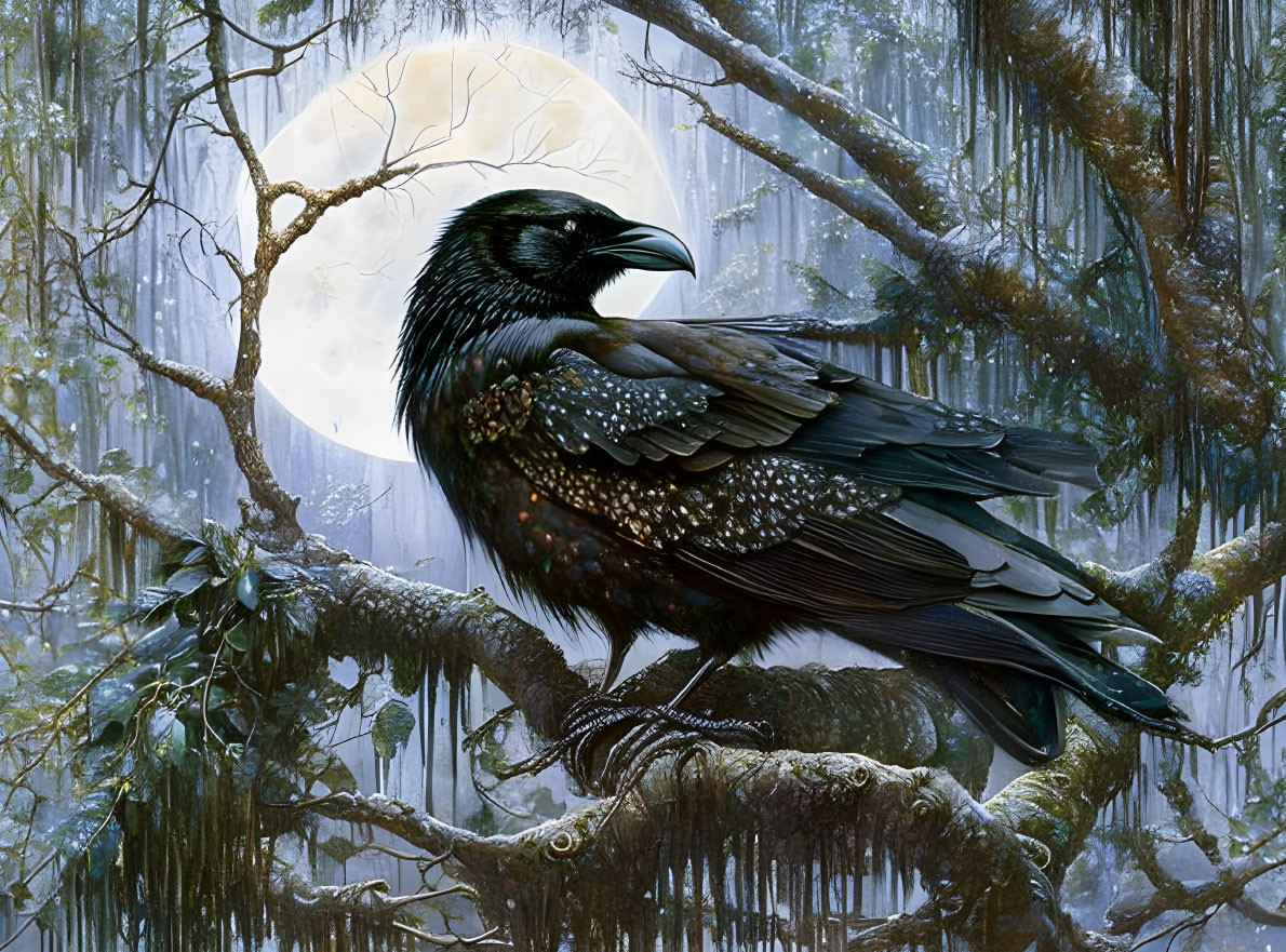 Majestic raven on mossy branch in misty forest under full moon