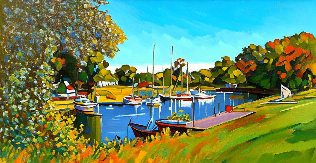 Peaceful marina scene with boats, autumn trees, and blue sky