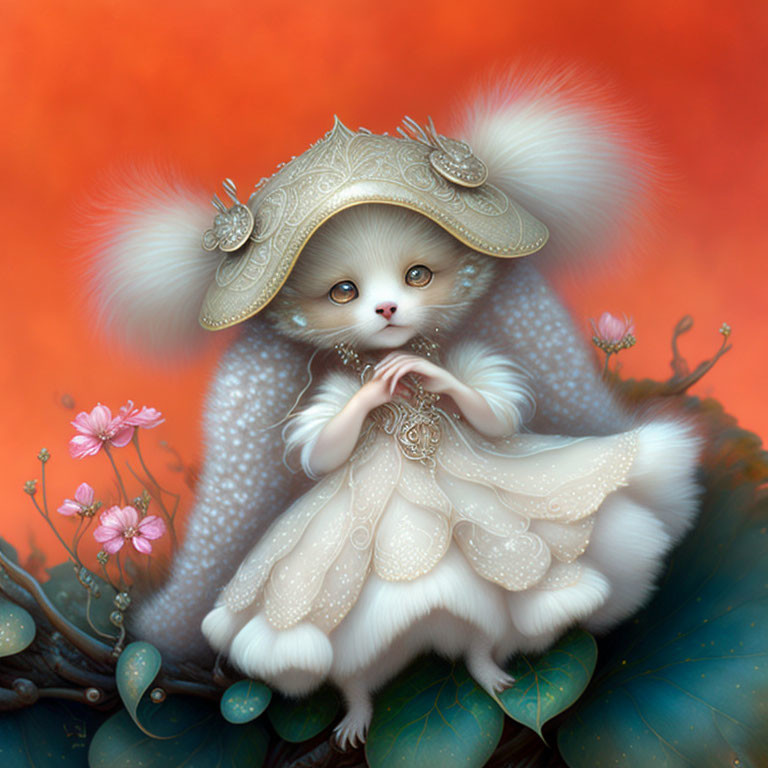 Fluffy white anthropomorphic creature in cream dress on orange background