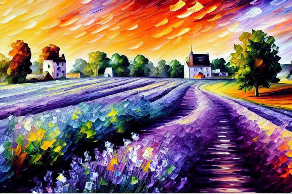 Vibrant impressionistic rural landscape with colorful sunset, fields, trees, road, and dynamic sky