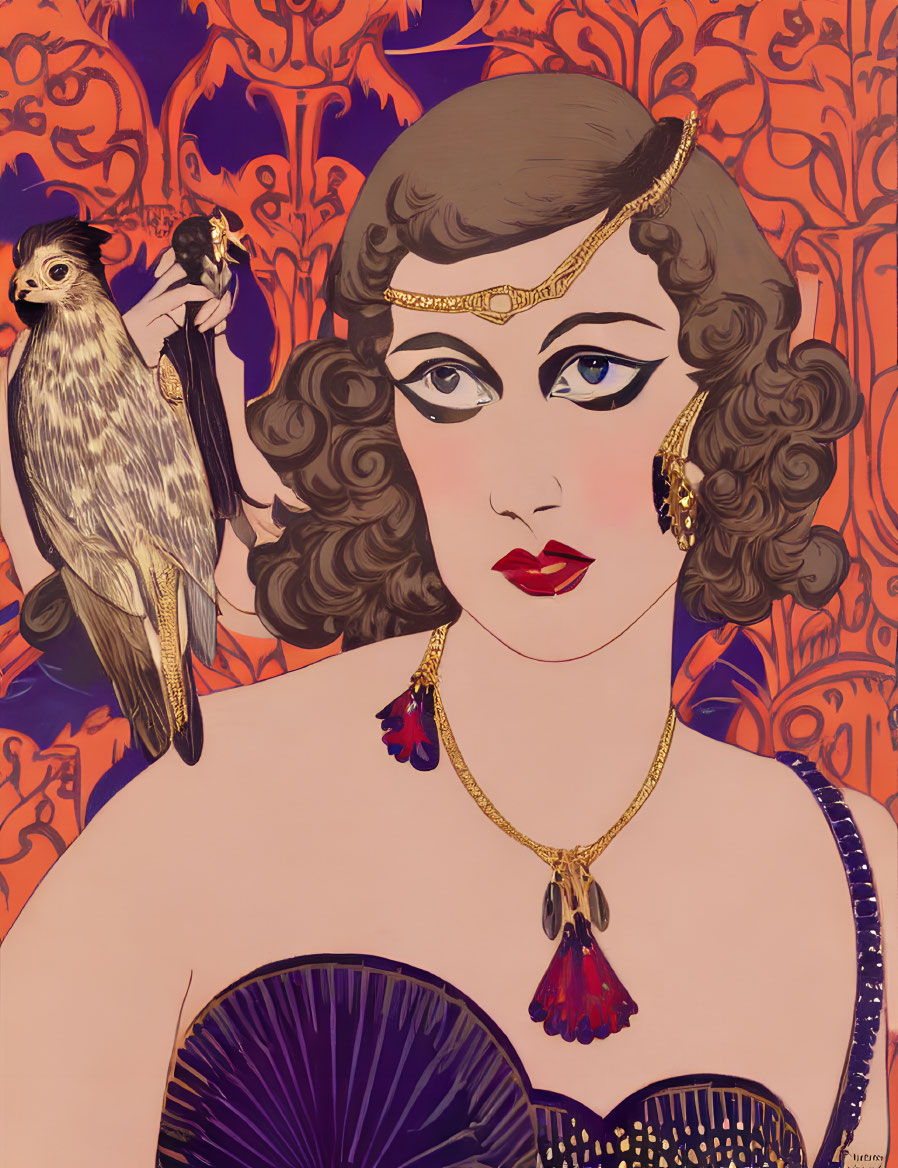 Art Deco Style Woman with Hawk in Red and Purple Patterns