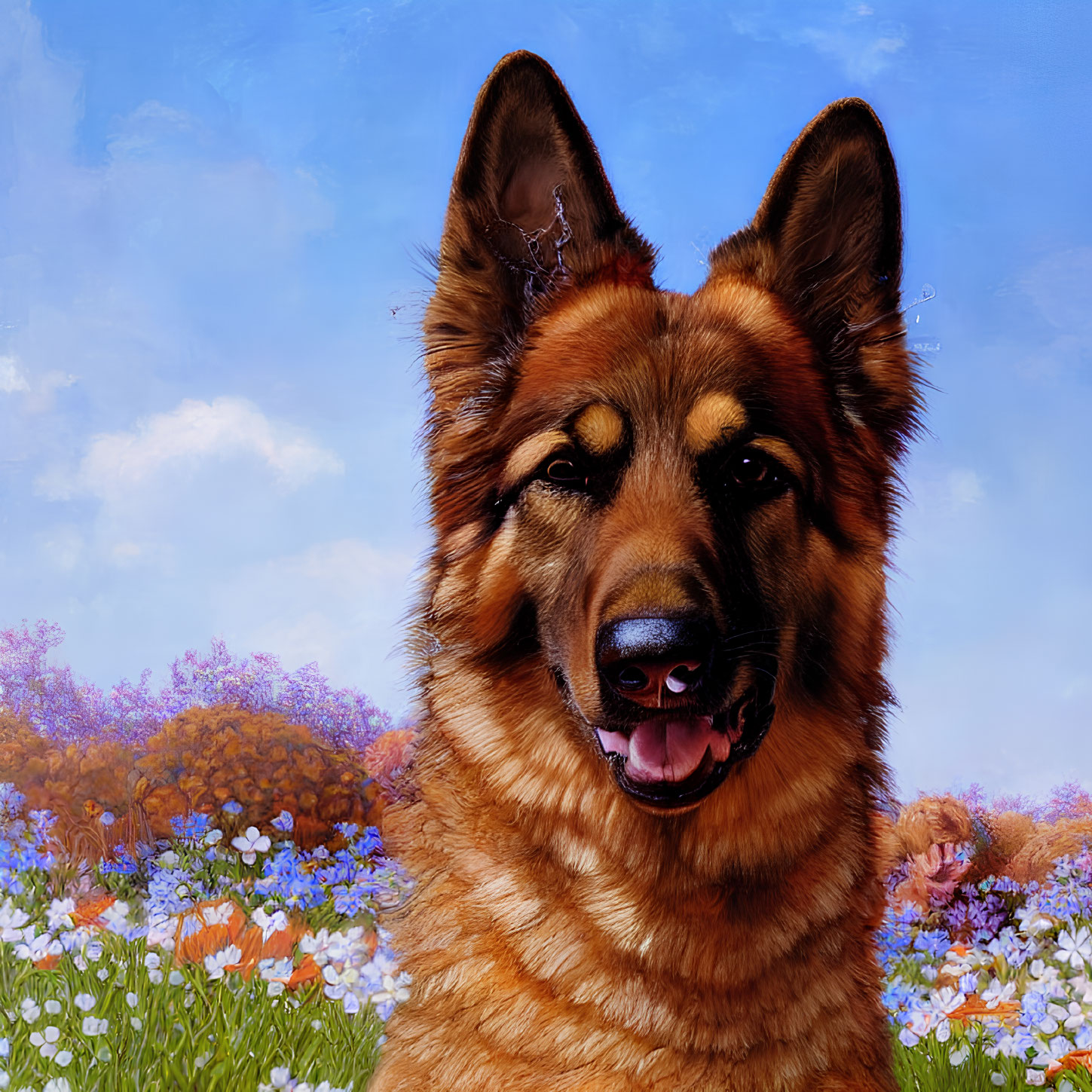 Alert German Shepherd Dog in Colorful Meadow Under Blue Sky