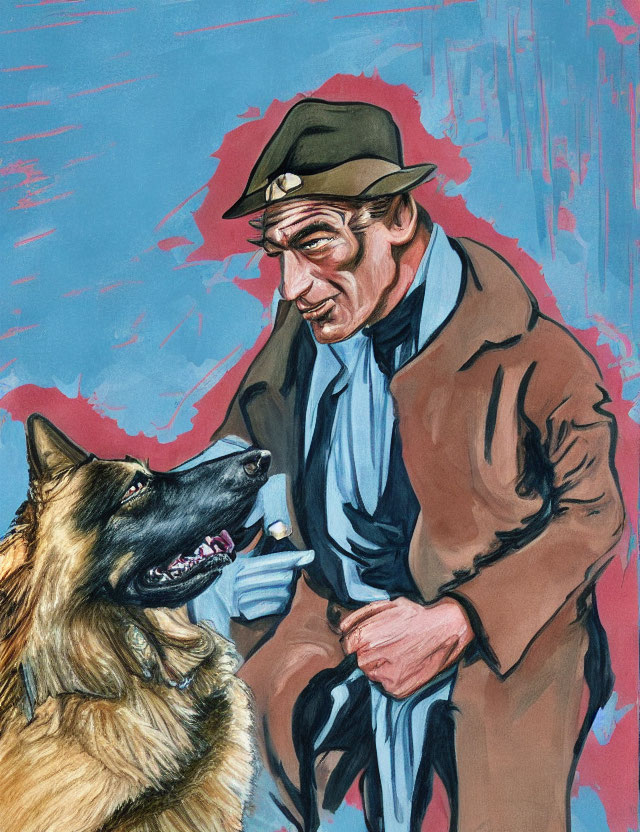 Man in hat and overcoat with German Shepherd in painted illustration