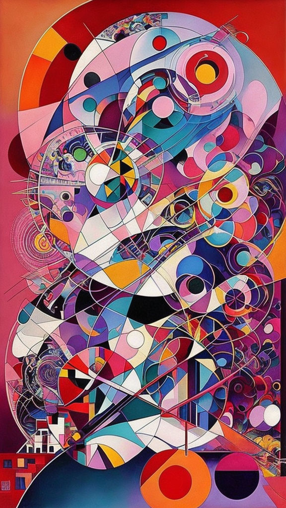 Colorful Abstract Painting with Geometric Shapes and Swirls on Pink and Red Background