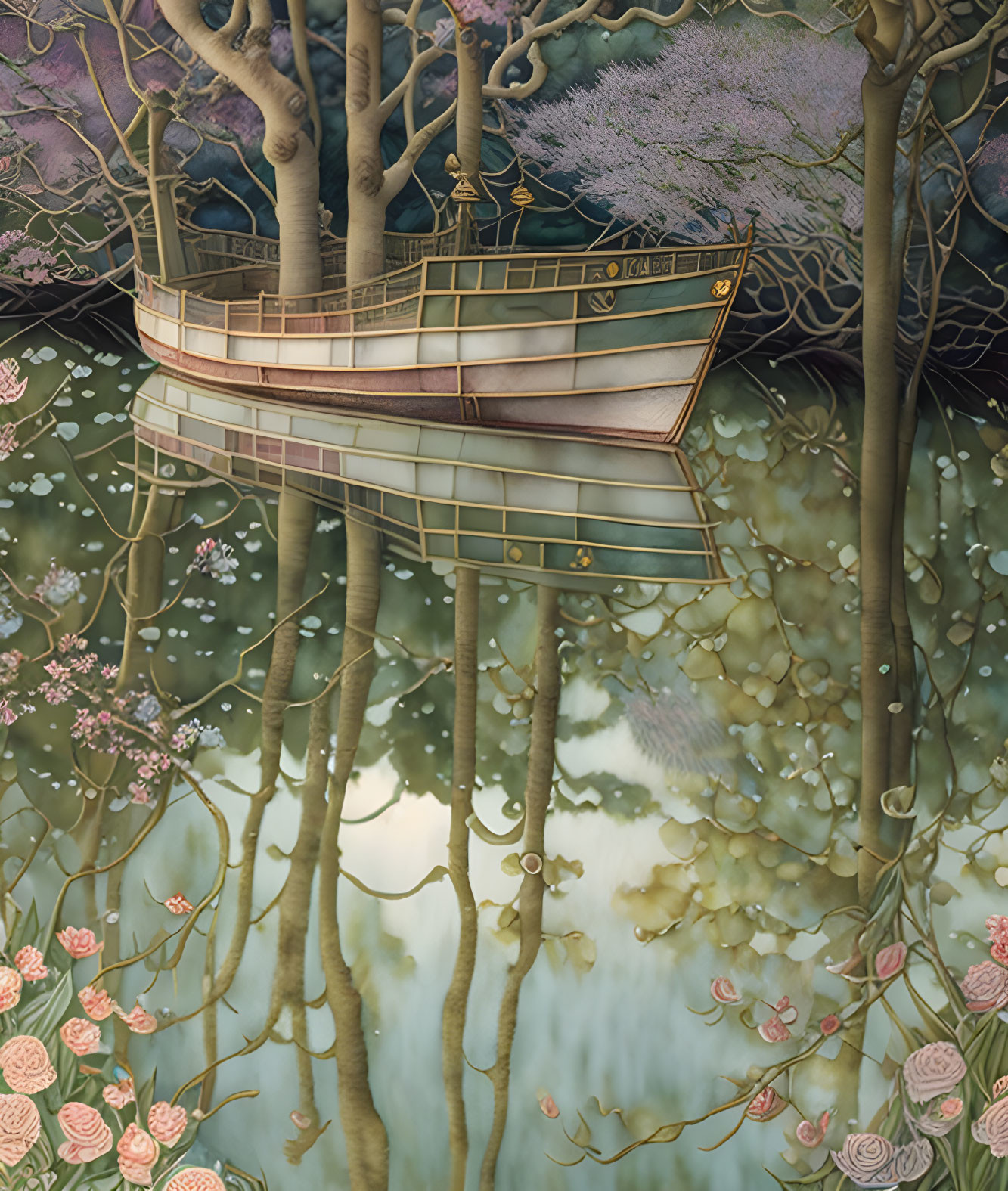 Surreal illustration: boat, forest trees, water reflection, blossoms, foliage