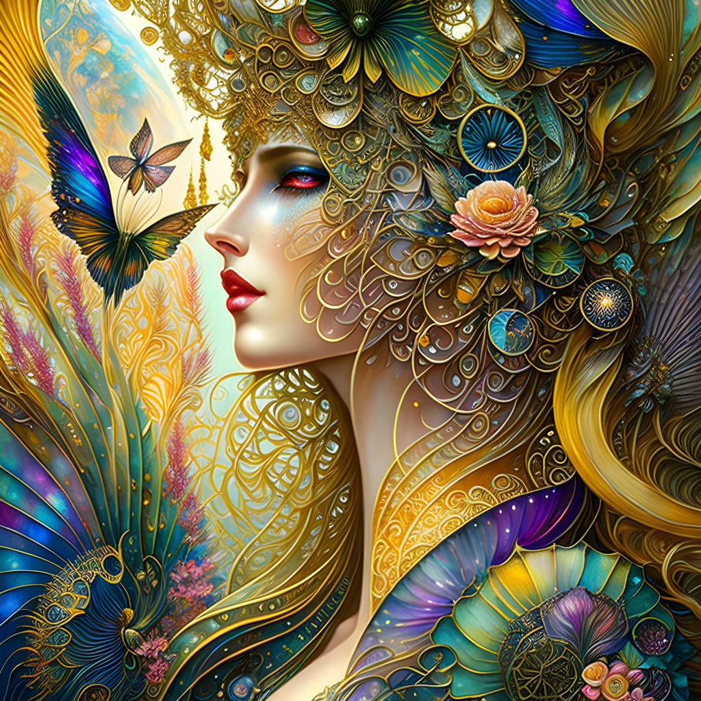 Colorful Woman Illustration with Golden Headdress and Butterfly Accents