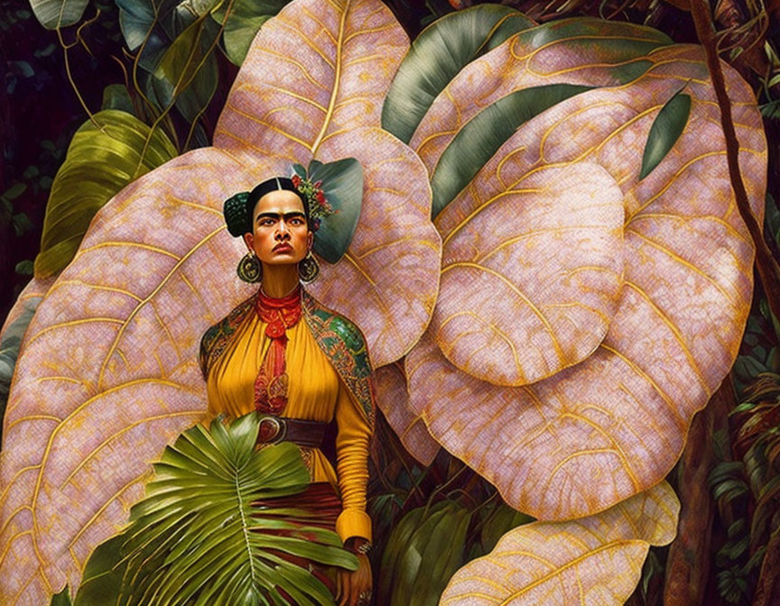 Stylized painting of woman with floral hairpiece and yellow shirt among green leaves