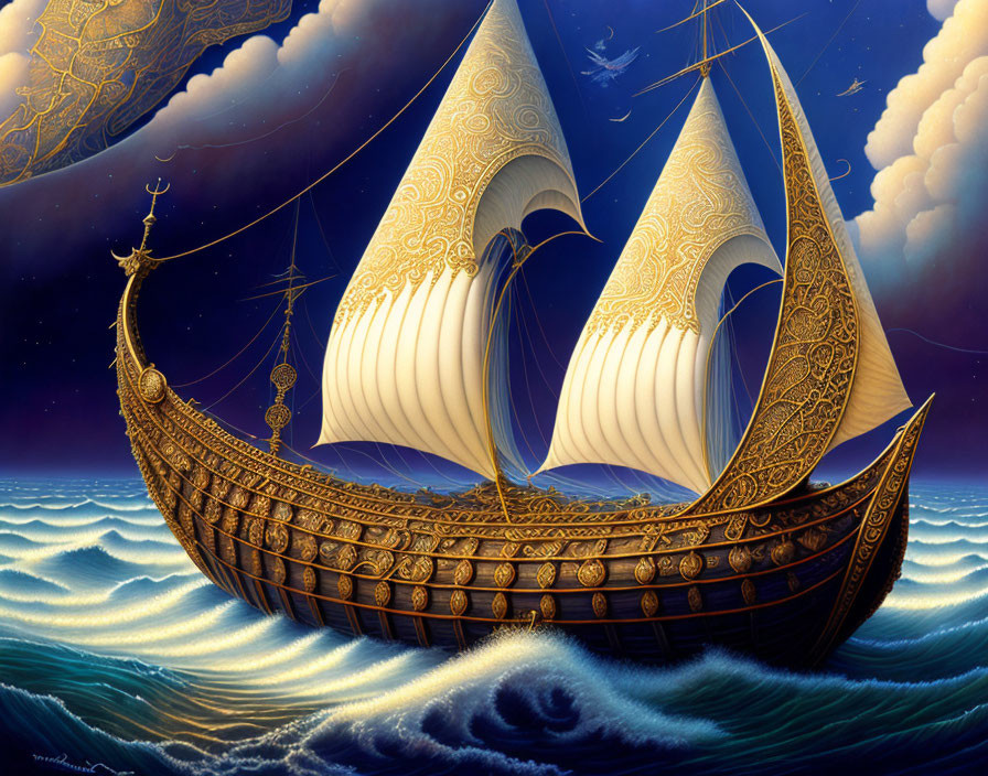 Golden ornate ship sailing on wavy sea under cloudy sky