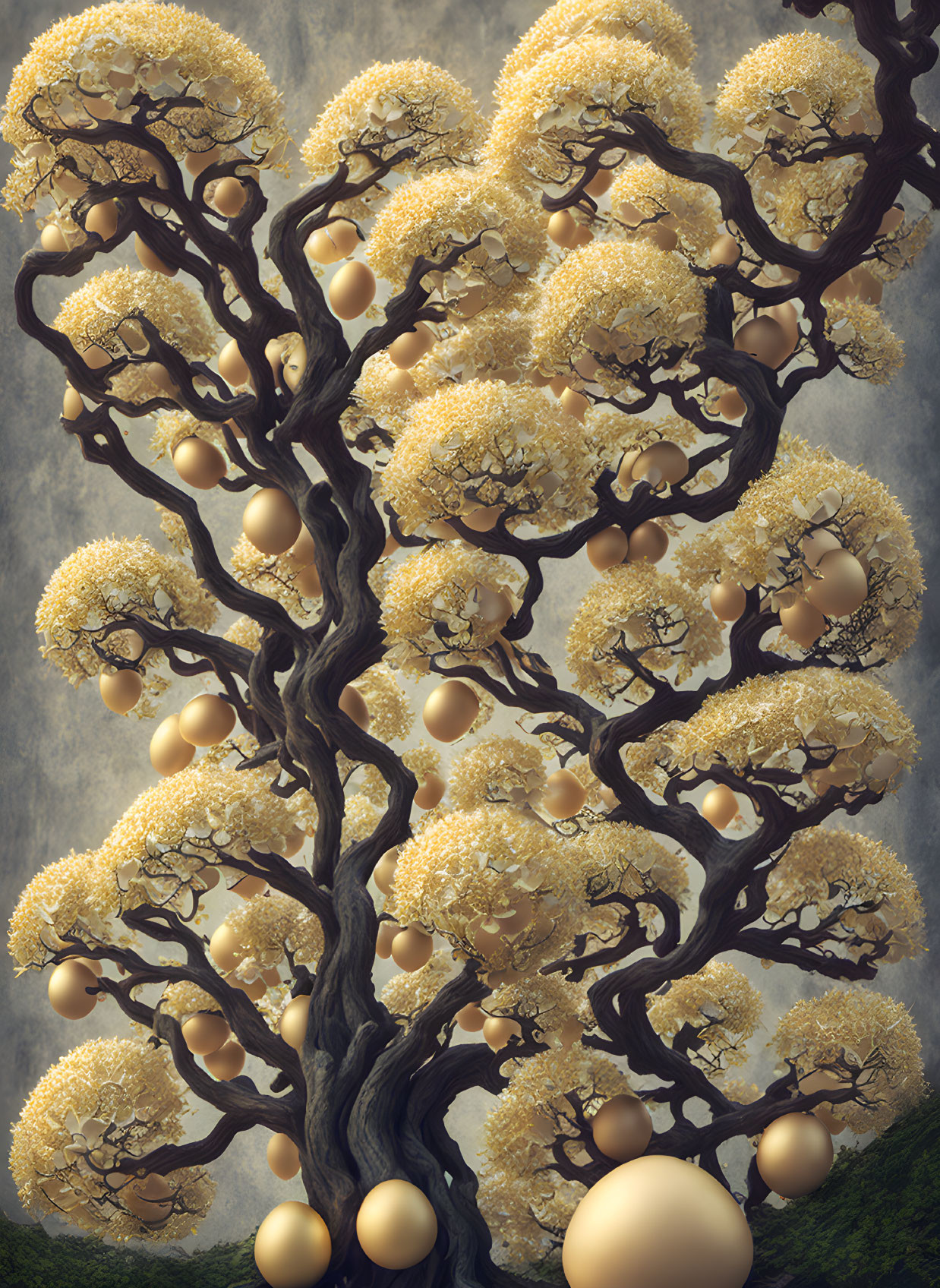 Surreal digital artwork: fractal tree with golden-brown branches on grey background