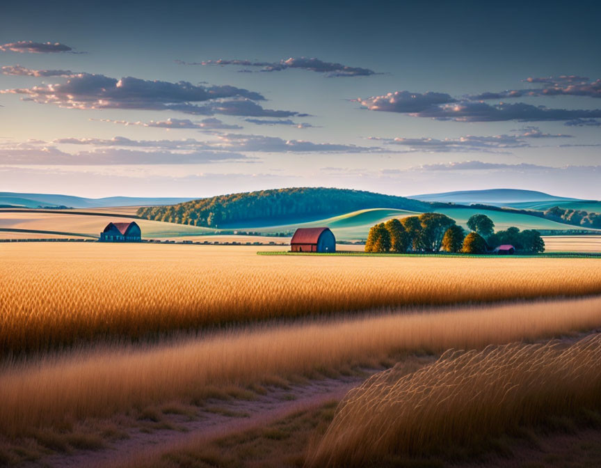 Rural landscape with golden wheat field, barns, trees, and hills