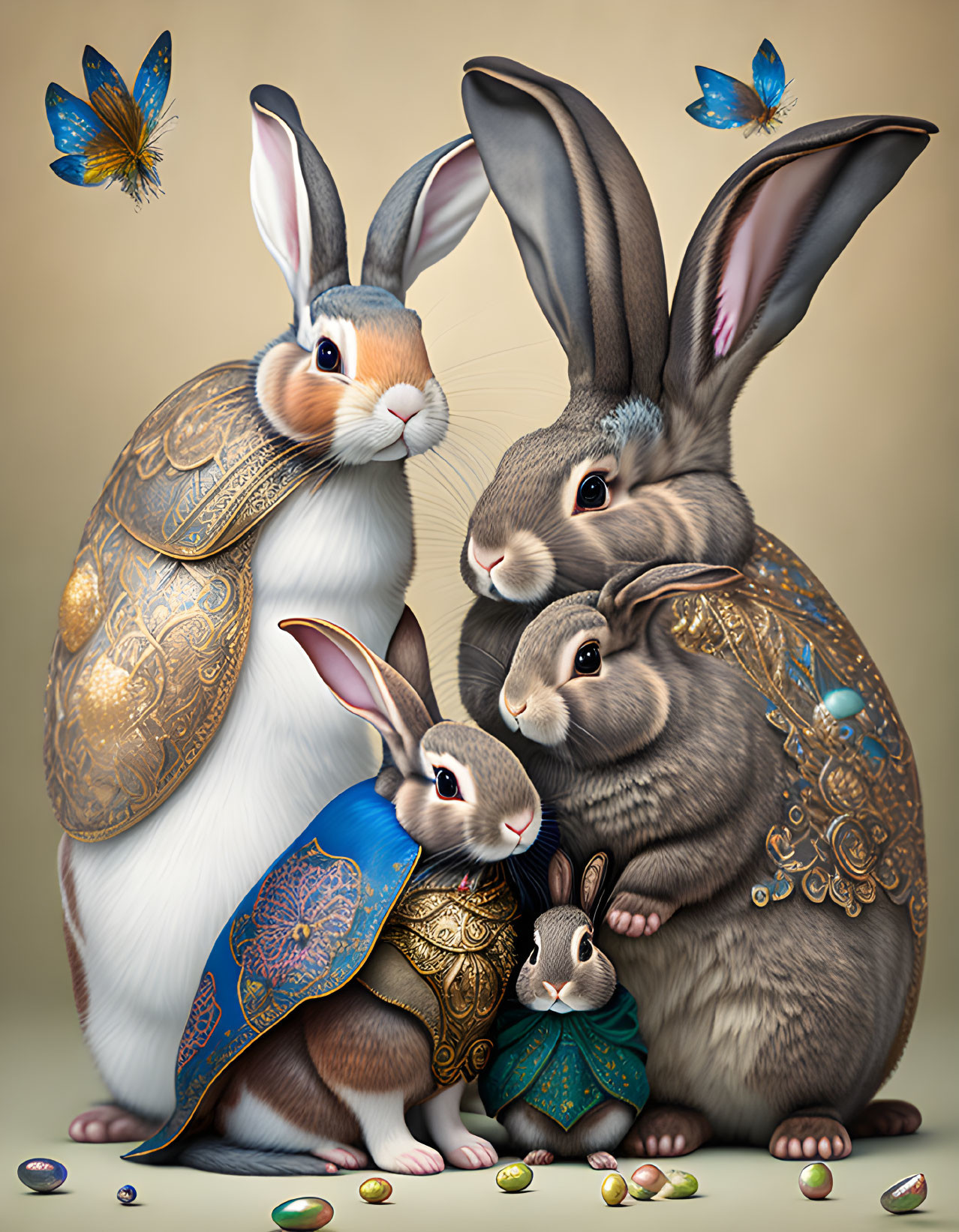 Medieval-style anthropomorphic rabbit family with butterflies and gemstones