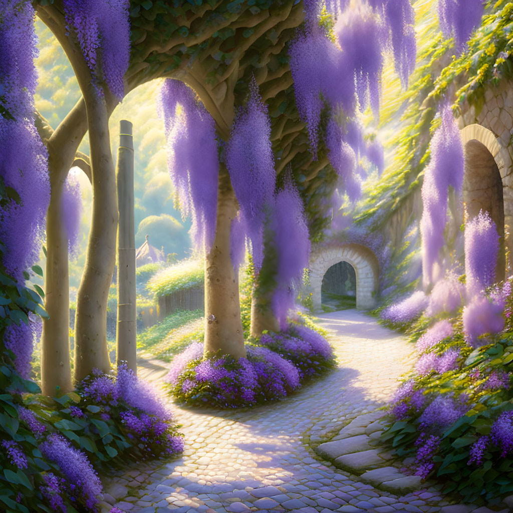 Tranquil garden pathway with tall trees and purple wisteria blooms under soft sunlight