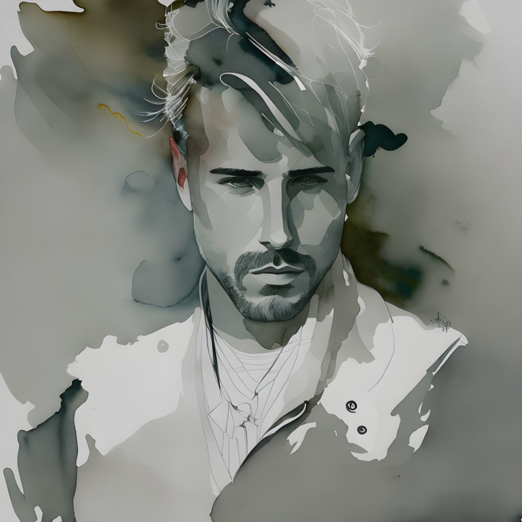 Contemplative man with faded beard in cool-toned digital painting