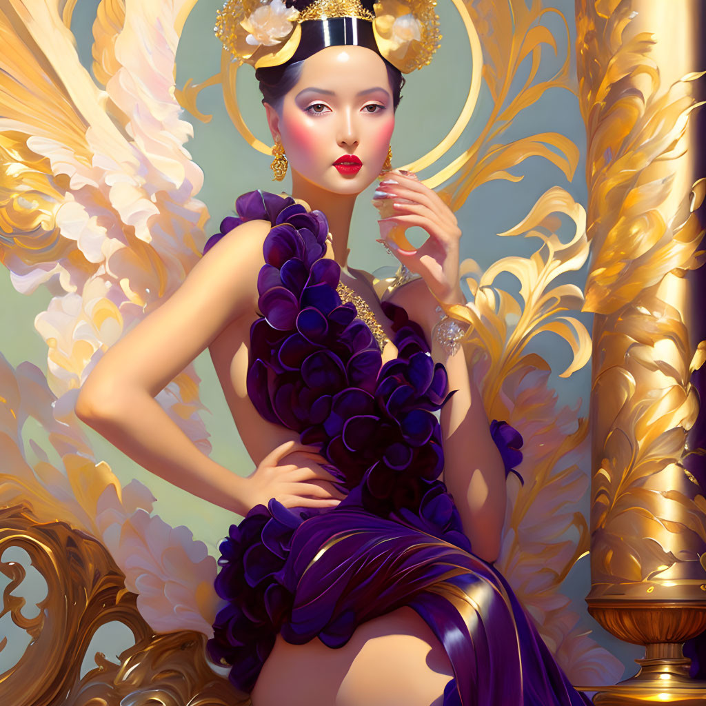 Stylized portrait of woman in purple dress with gold accents against golden backdrop