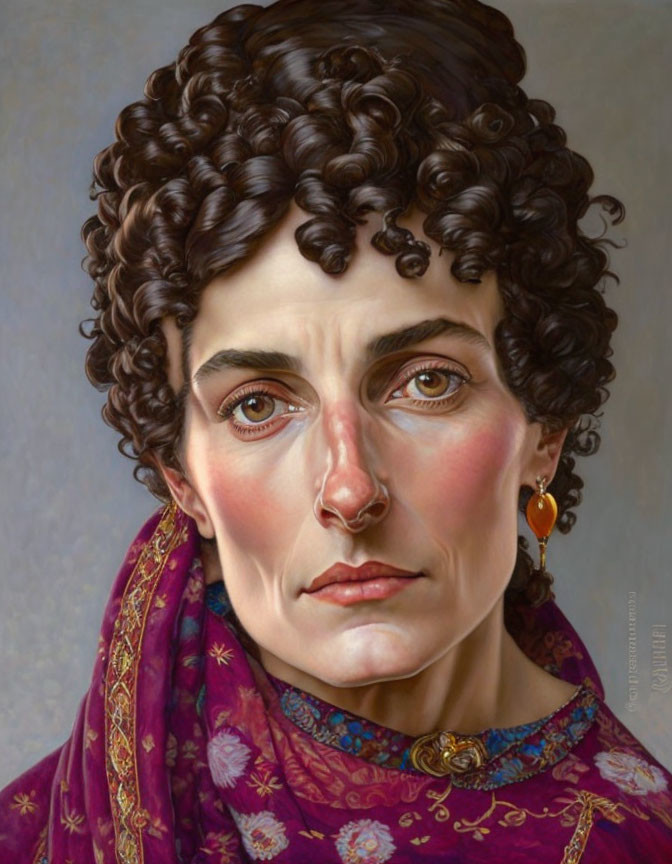 Portrait of Woman with Curly Hair and Purple Shawl Portrait.