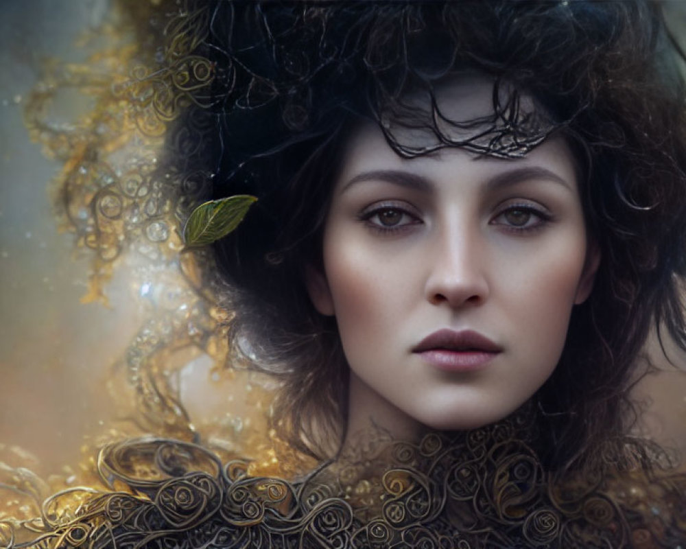 Portrait of woman with golden adornments and leafy hair against bokeh backdrop