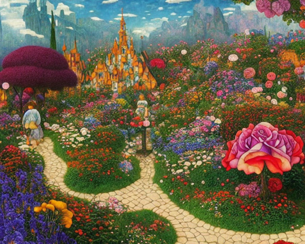 Colorful fantasy garden with stone path and castles under blue sky