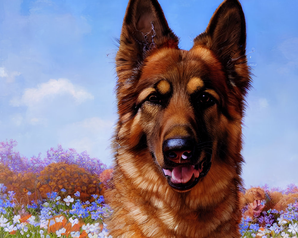 Alert German Shepherd Dog in Colorful Meadow Under Blue Sky